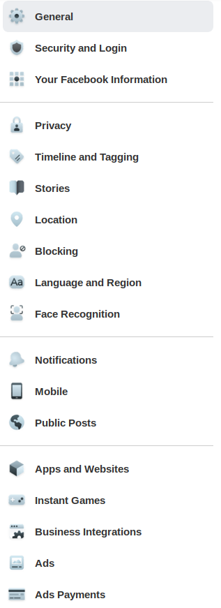 Facebook settings menu